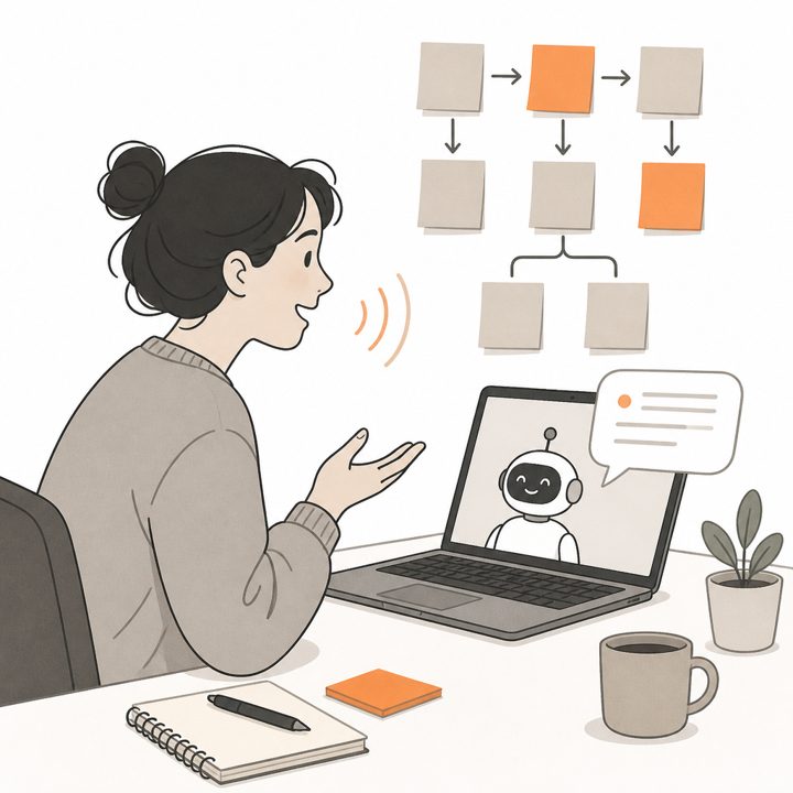 パソコンに声で話しかけ、AIが答えるイラスト