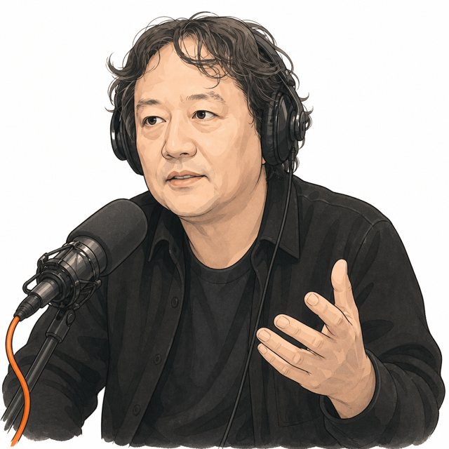 マイクに向かって話す平野友康のイラスト
